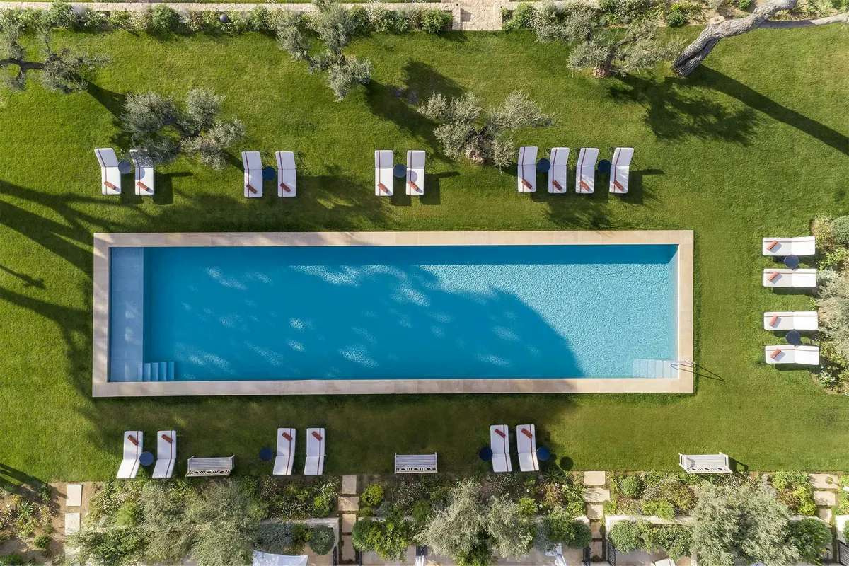 Rectangular saltwater pool surrounded by green lawn and sun loungers at midday