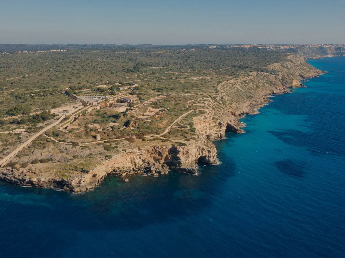 An aerial perspective of the restored fortress within the protected 30-hectare natural reserve