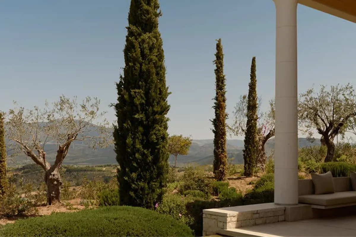 Terrace overlook with cypress trees and columned pergola framing the landscape