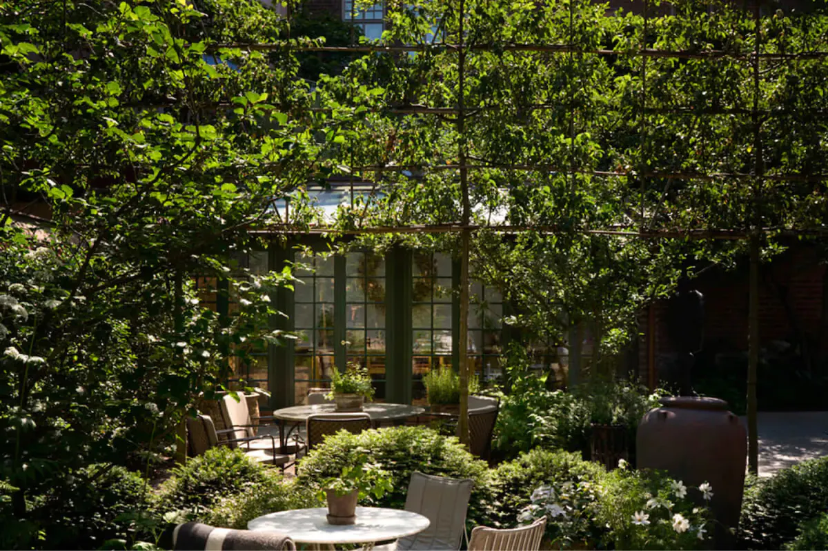 A landscaped courtyard garden with lush greenery, seating, and a glass-walled pavilion