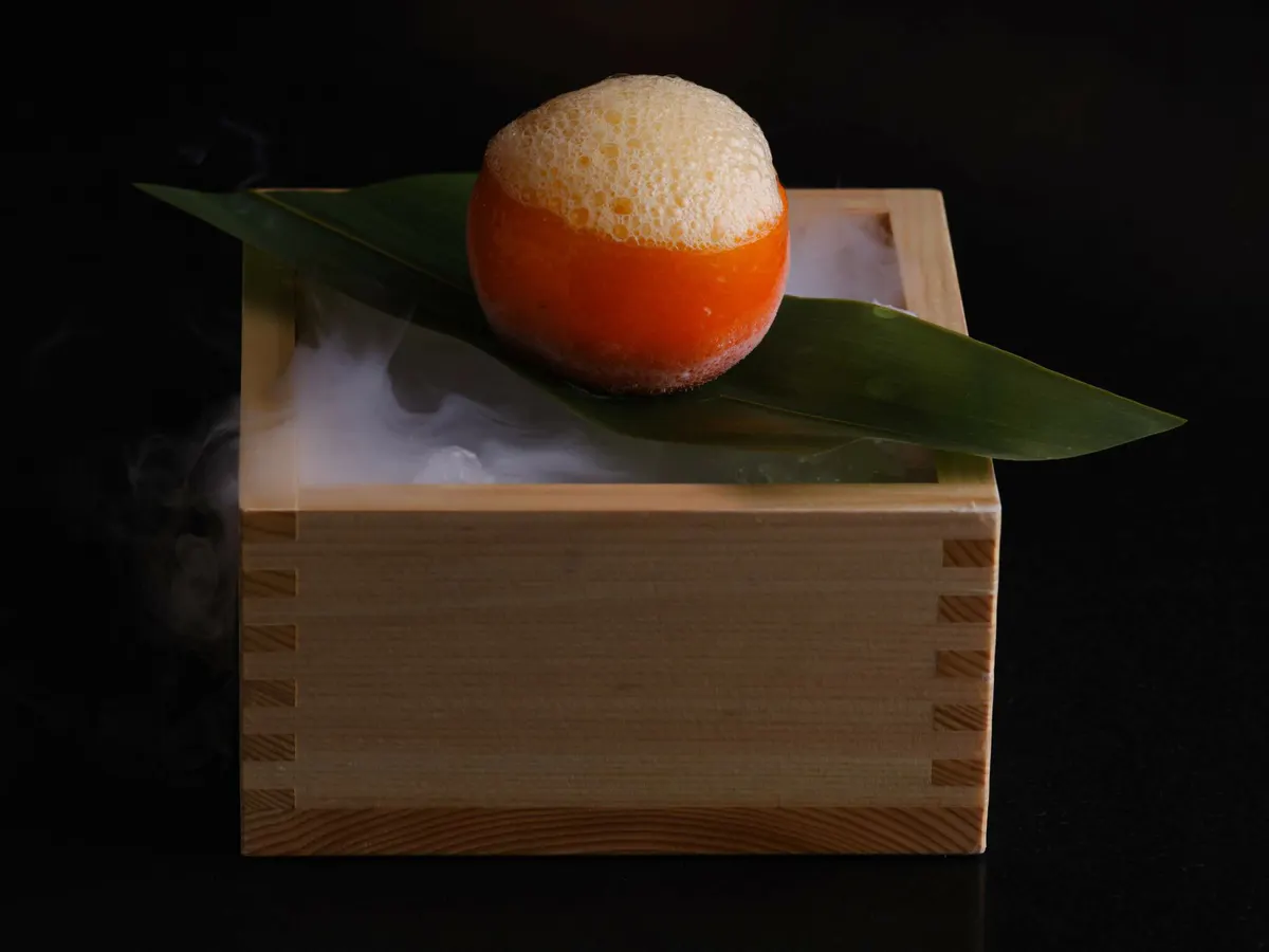 Contemporary plated dessert with apricot sphere, green leaf, and wooden base with dry ice