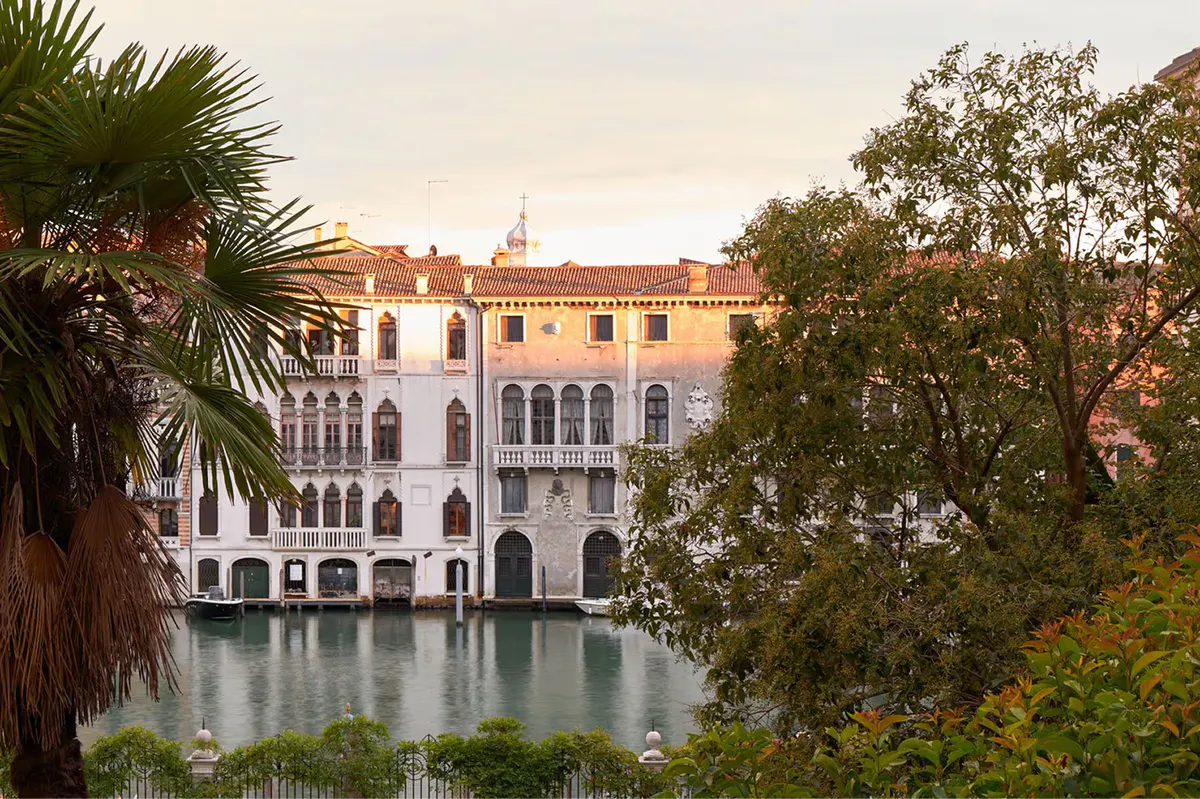 The palazzo exterior with palm trees and Grand Canal waterfront in evening light