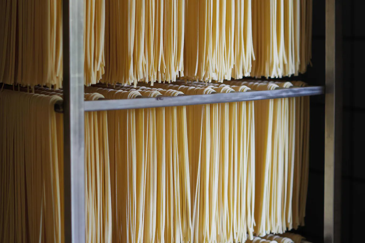 Fresh homemade pasta nests arranged on wooden shelves for cooking classes
