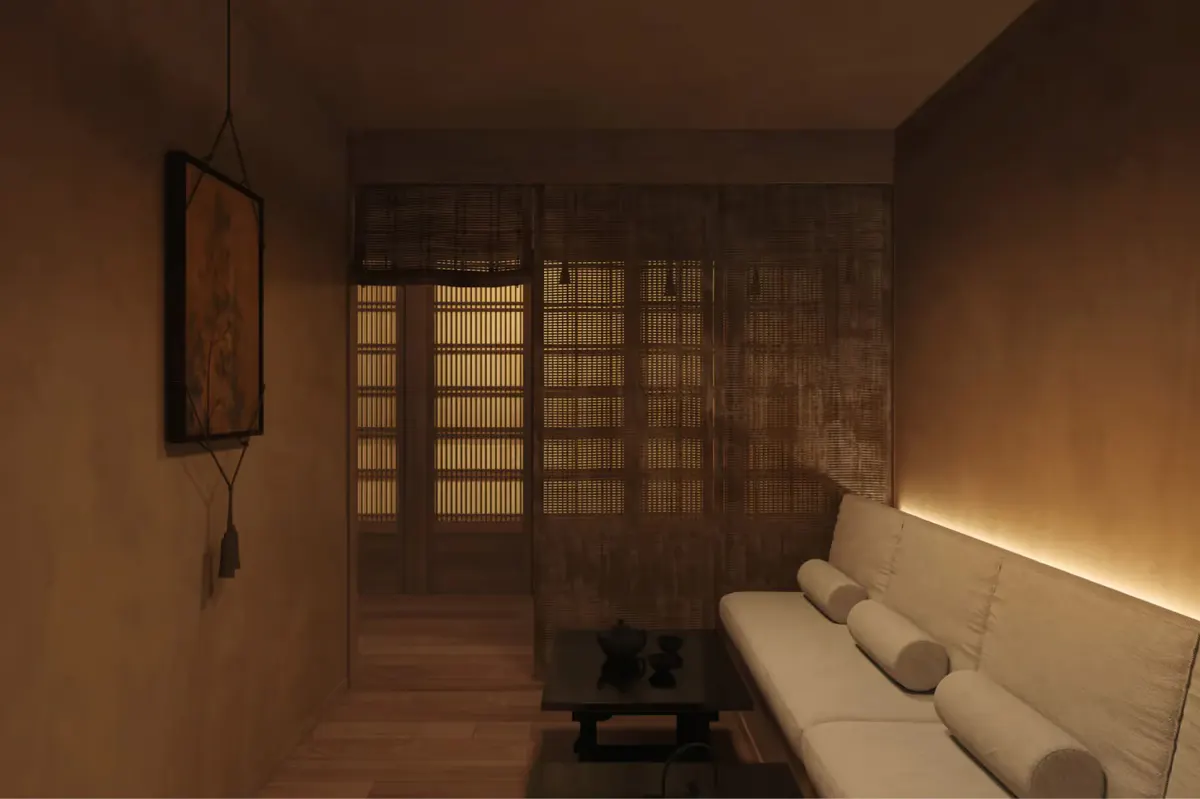 A spa treatment area with a sofa and modern fixtures in wood and cream tones