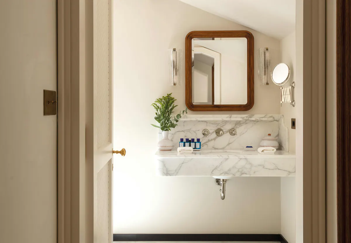 Bathroom with wooden-framed mirror and potted plant