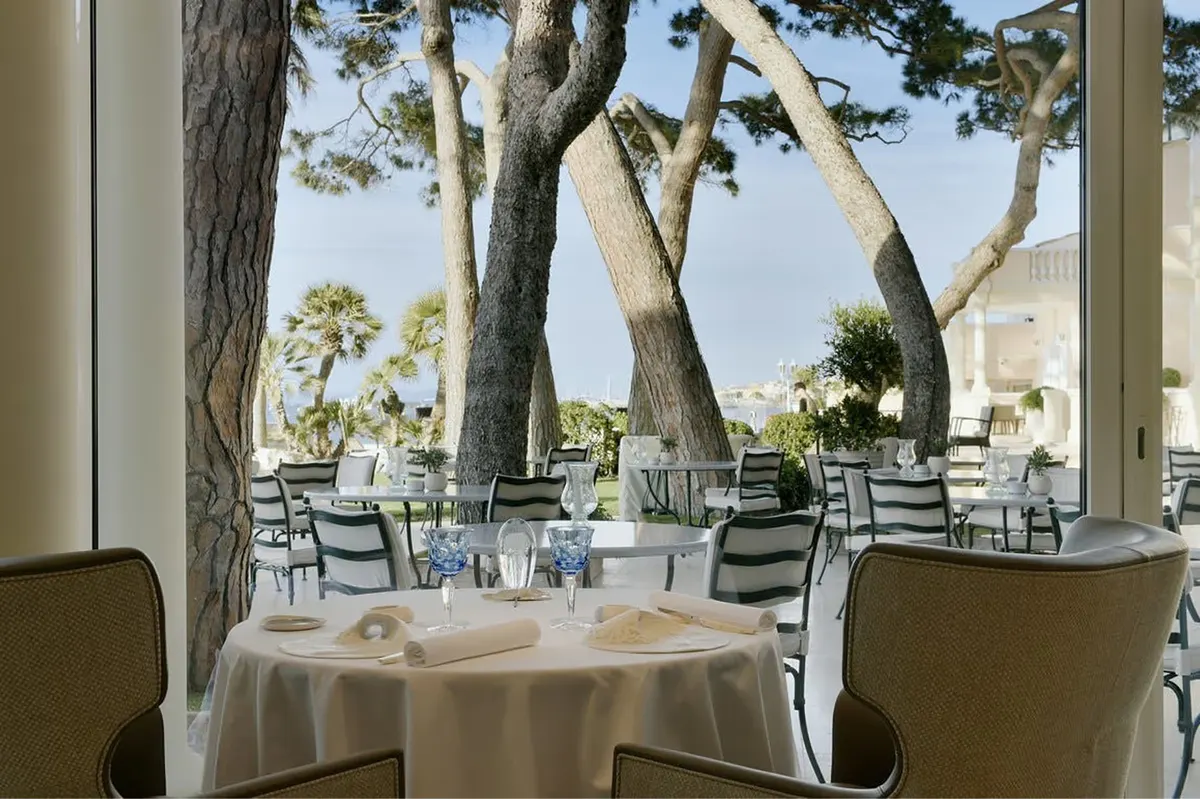 Indoor dining room with round table and tree-framed views