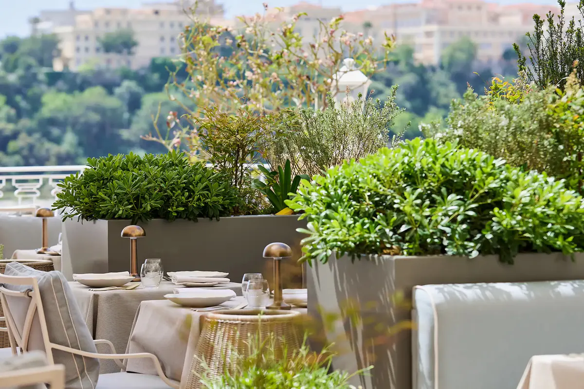 Outdoor dining with potted plants, stone courtyard and city views on hillside