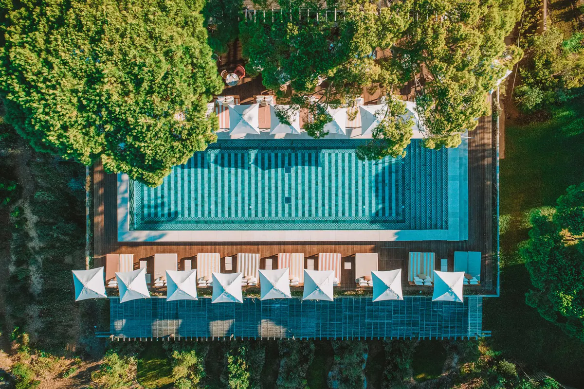 Aerial view of pool and sunbeds set in forested hillside