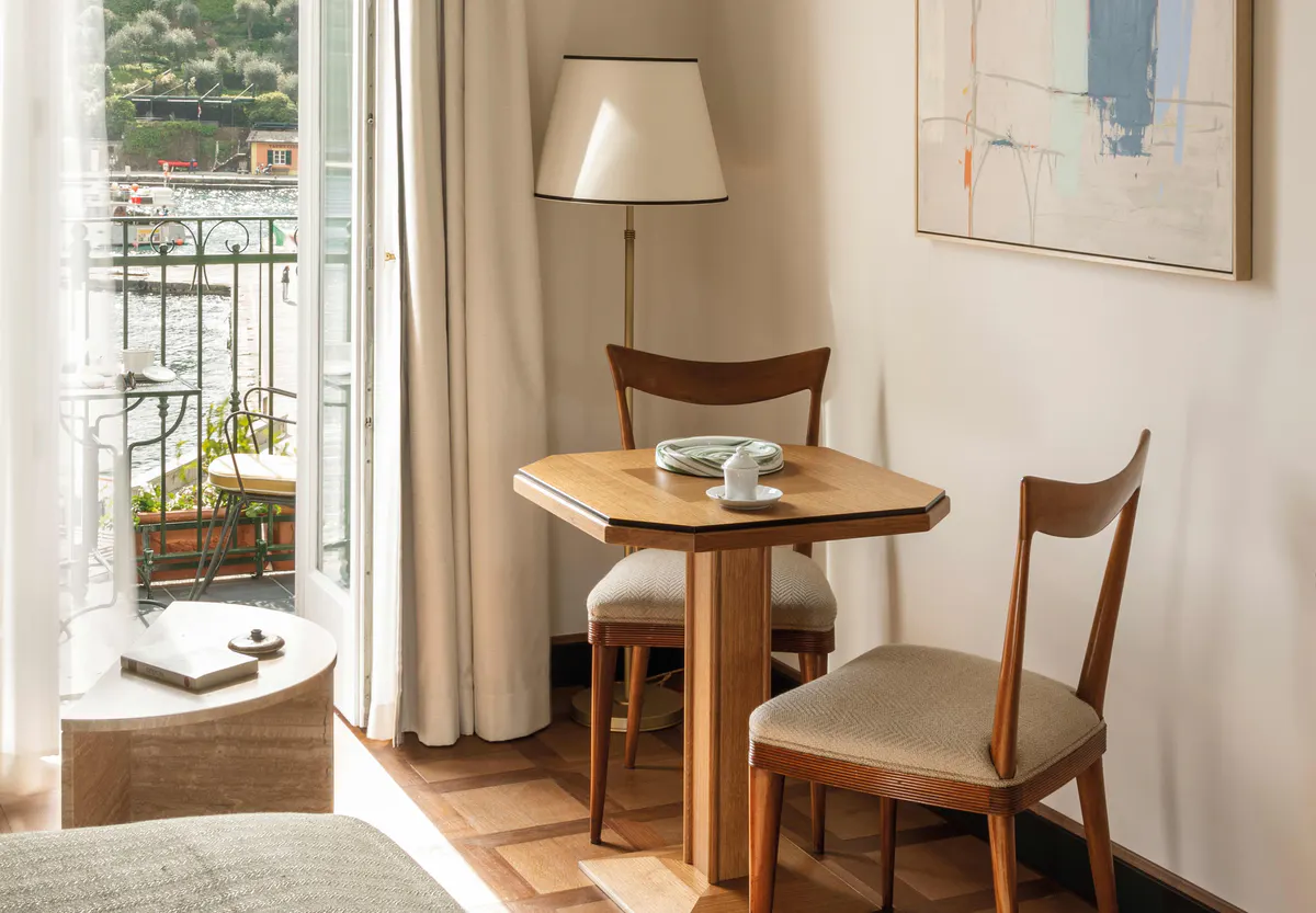 Room details with wooden table and harbor view