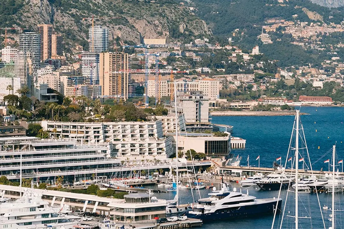 Coastal landscape with boats and waterfront development