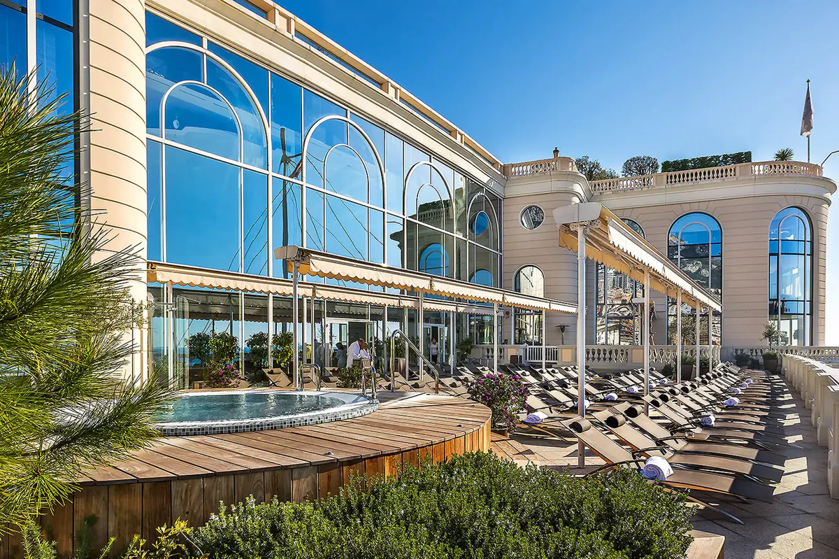 Modern spa facility with stone exterior and geometric architectural design
