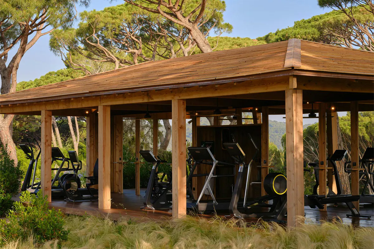Fitness pavilion with wooden frame and equipment set in natural landscape