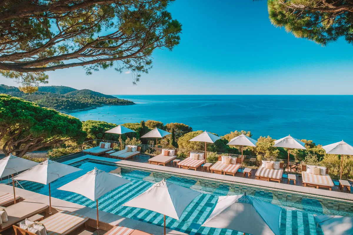 Pool deck with umbrellas and lounge chairs framed by pine trees