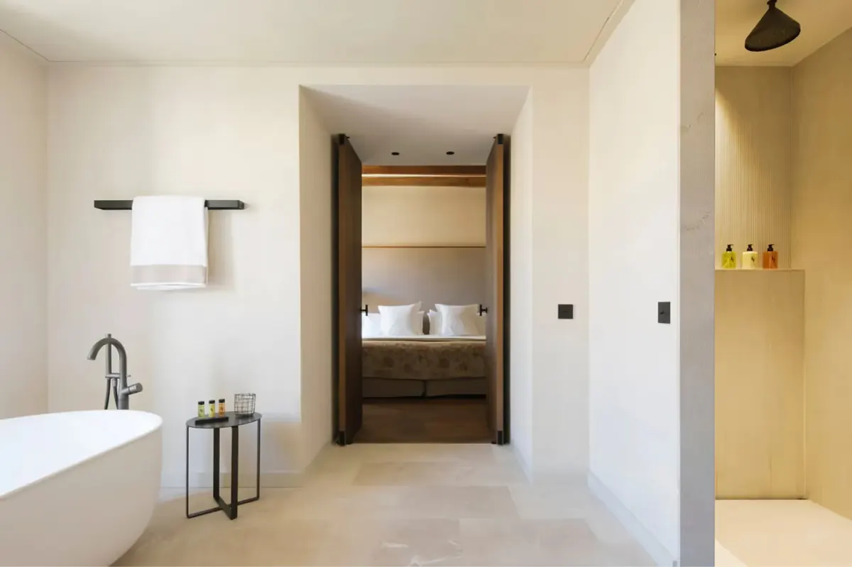 Bedroom interior with modern amenities and natural light