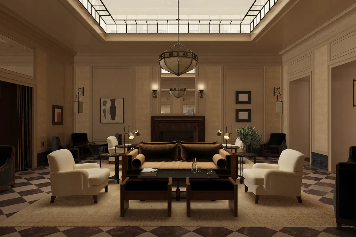 A grand drawing room with cream walls, black fireplace, and geometric ceiling
