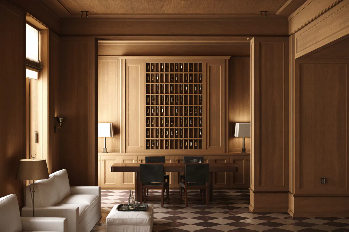 A wood-paneled entry hall with a black desk and modern art on the wall