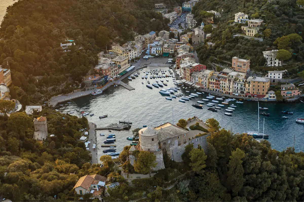 Aerial view of Portofino harbor with colorful buildings and boats