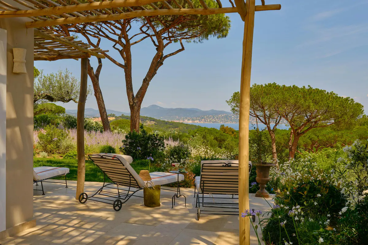 Covered terrace under tall umbrella pine with layered landscape and sea views beyond