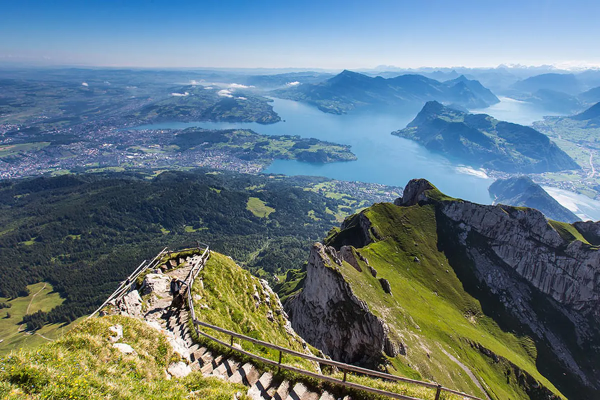 Aerial Alpine landscape with Lake Lucerne set among mountains and valleys