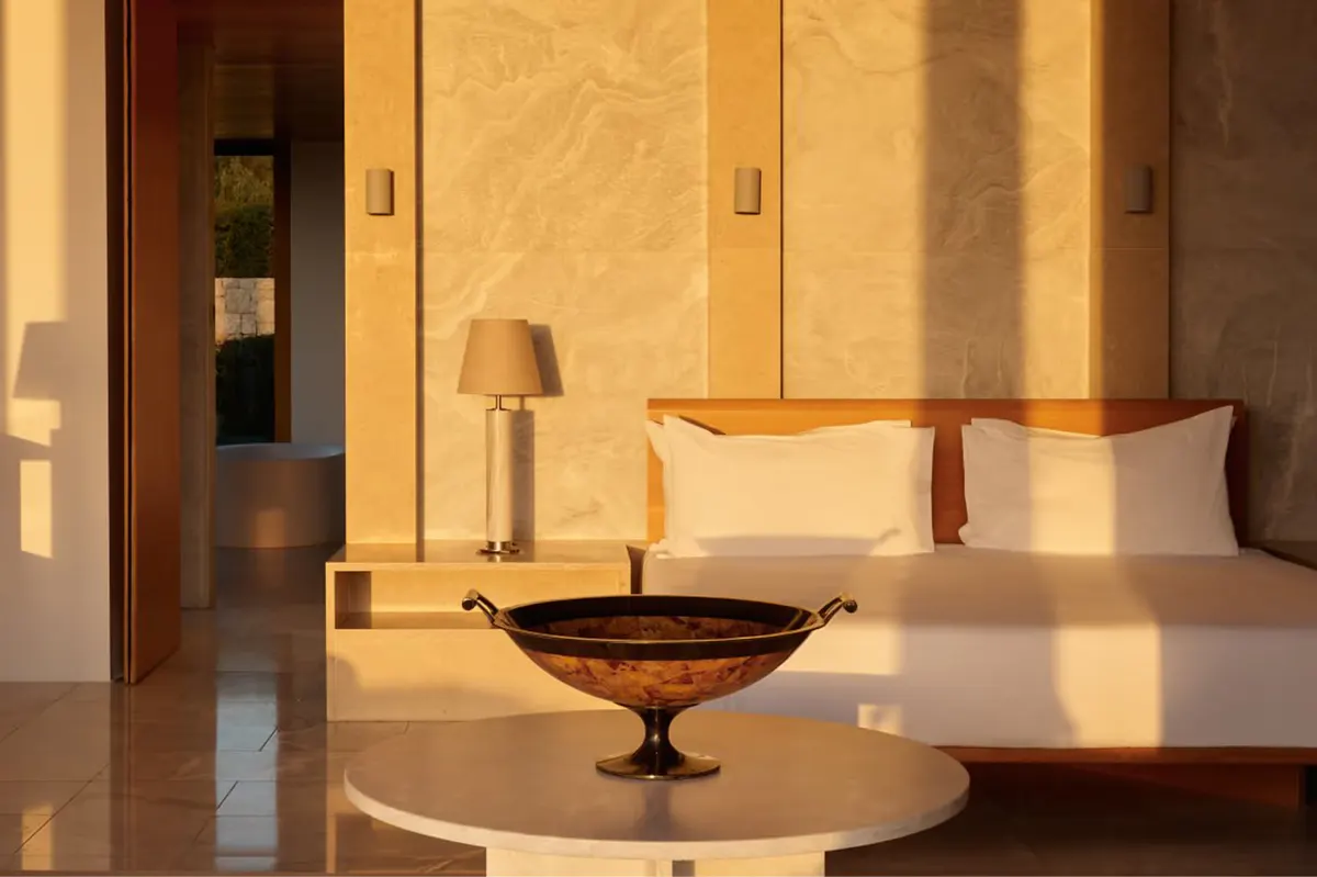 Bedroom interior with warm wood doors and soft golden ambient lighting