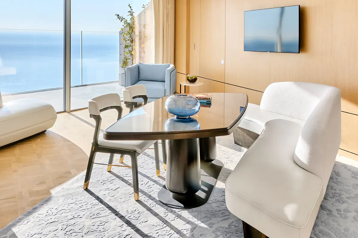 Seating area with oceanfront views and contemporary furniture