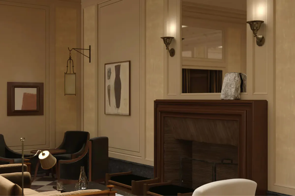 A sitting room with wood paneling, pale furniture, and warm background lighting