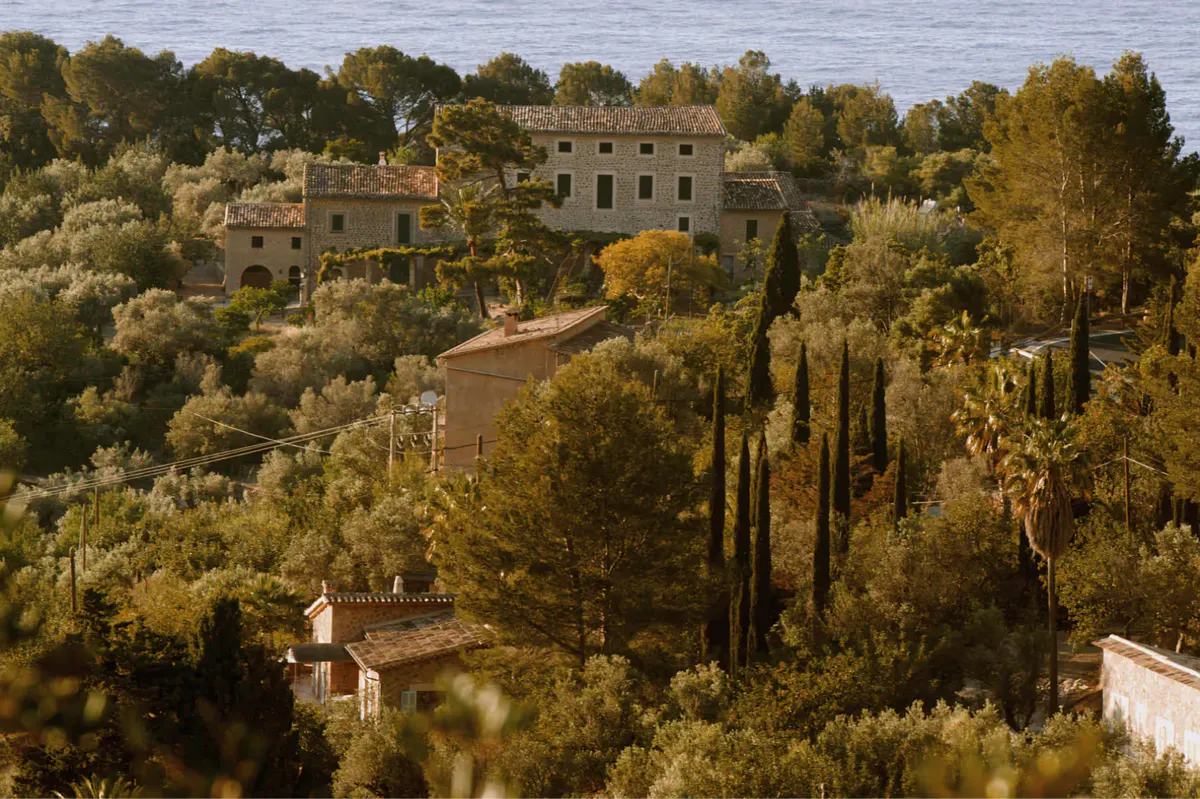 Estate on hillside surrounded by olive groves and cypress trees in Mediterranean valley