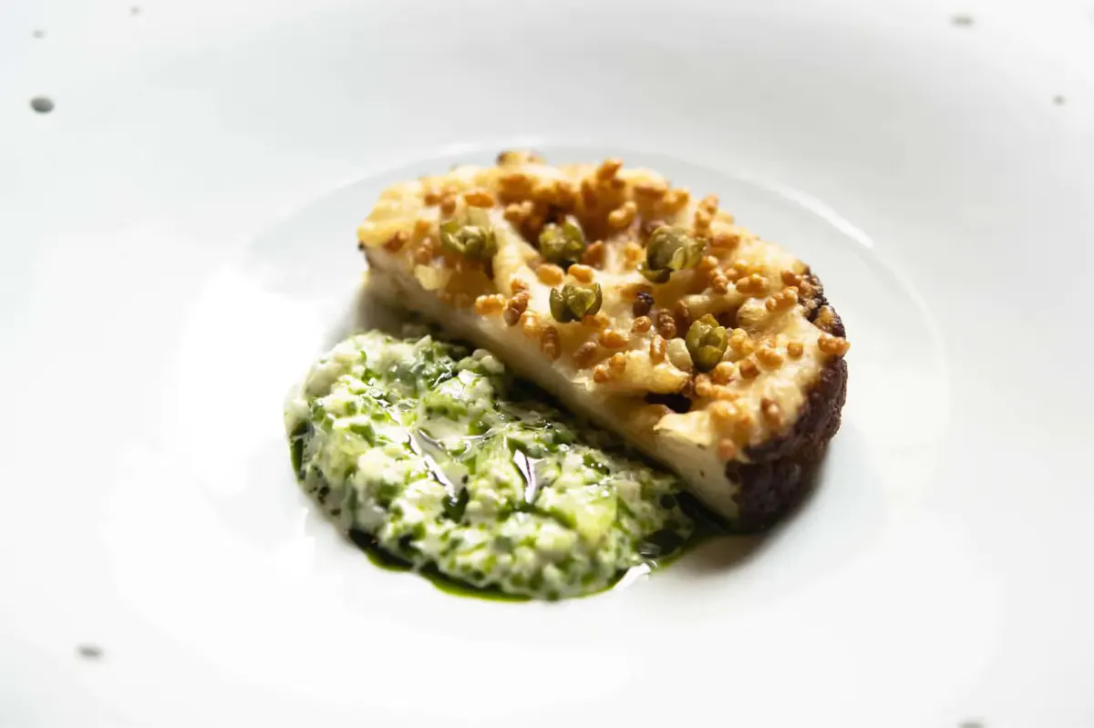 A plated main course with herb sauce on white dinnerware