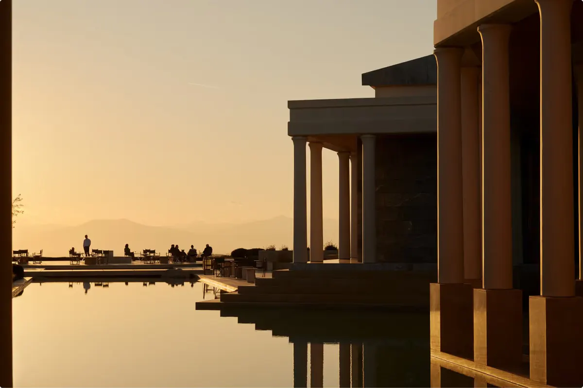 Interior detail with water reflection and columned architecture