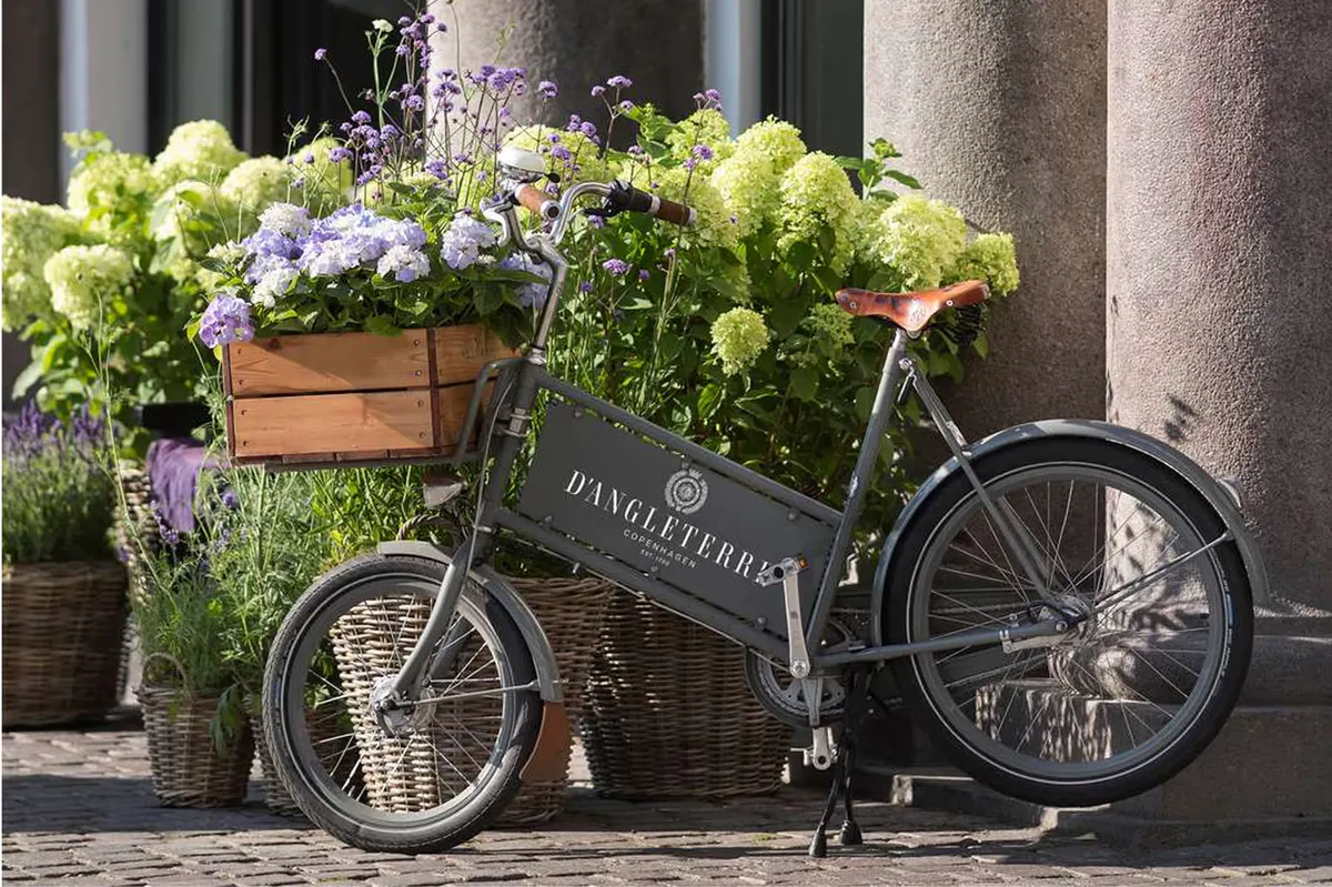 Delivery bicycle with flowers parked on square in front of hotel