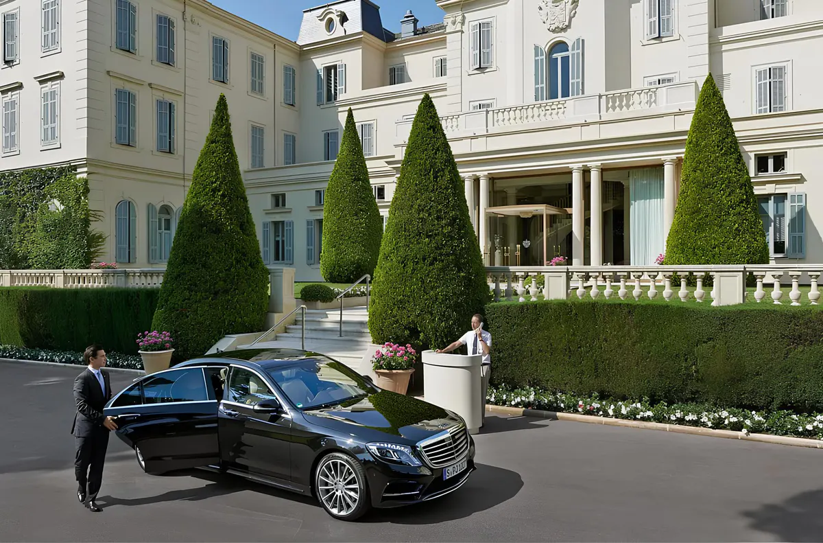 Hotel entrance with a black luxury car and staff, framed by ivy-covered walls and elegant columned portico