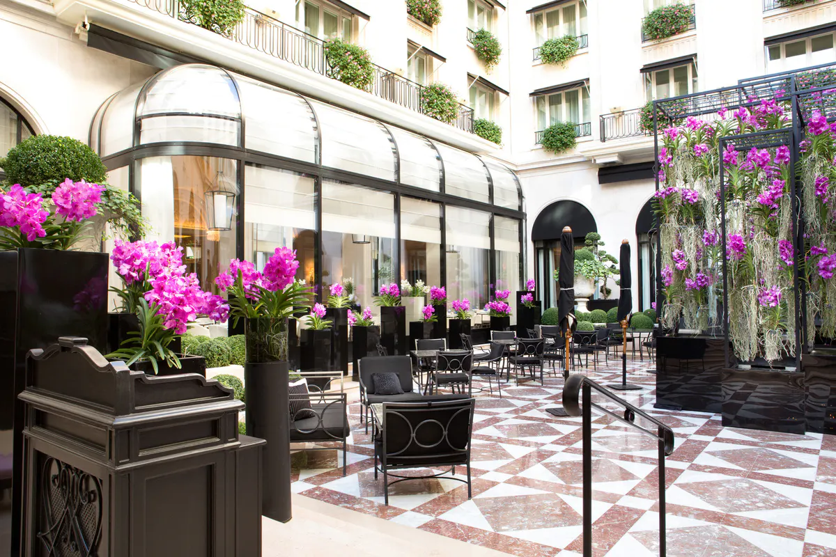 A formal courtyard with magenta flowers, black metal chairs, and a geometric marble floor beneath white classical facades
