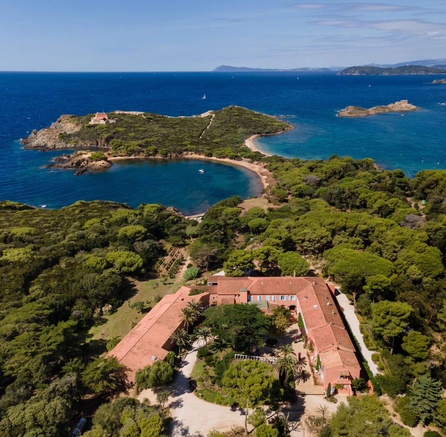 Aerial view of Le Mas du Langoustier on the western tip of Porquerolles
