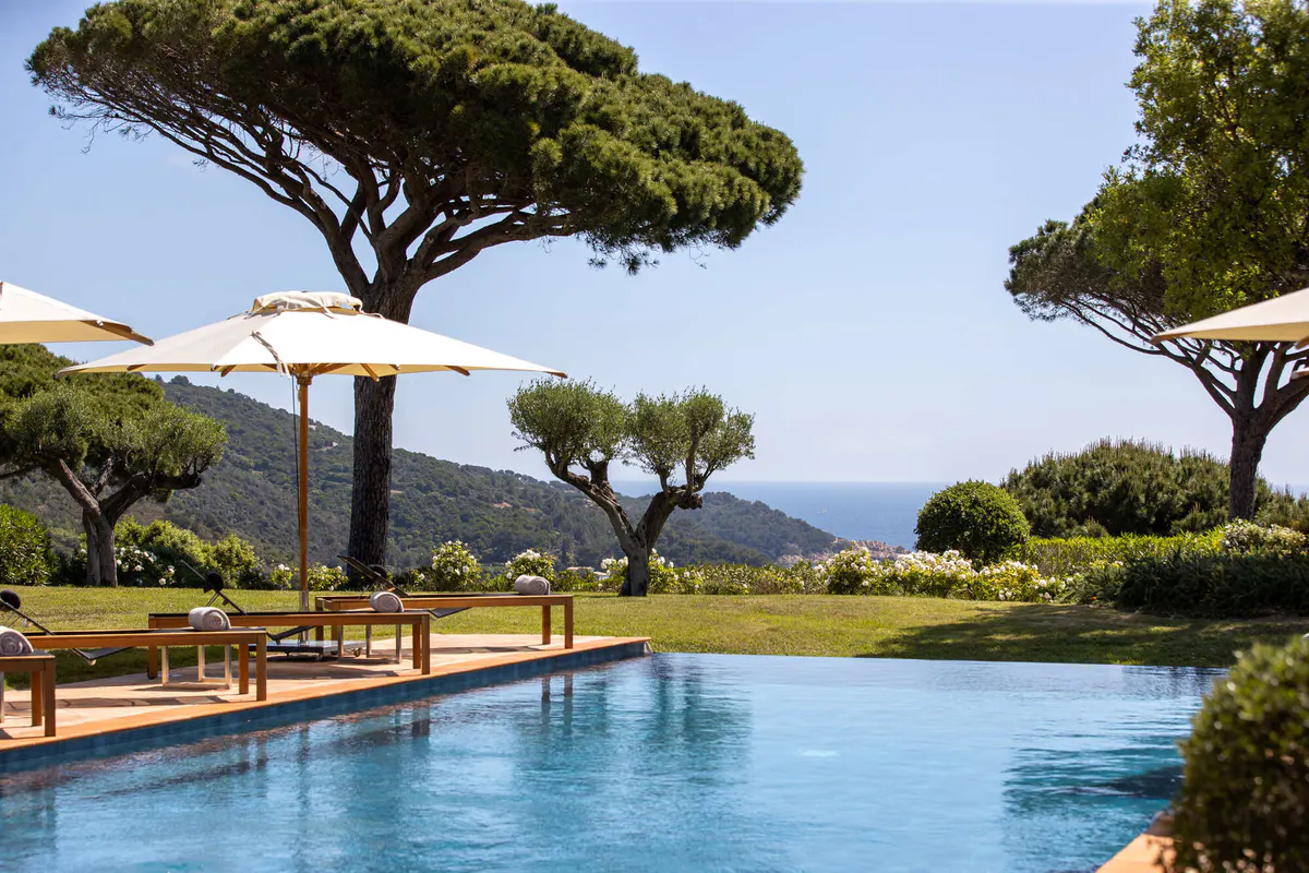 Pool surrounded by Mediterranean pines with lounge seating and umbrellas