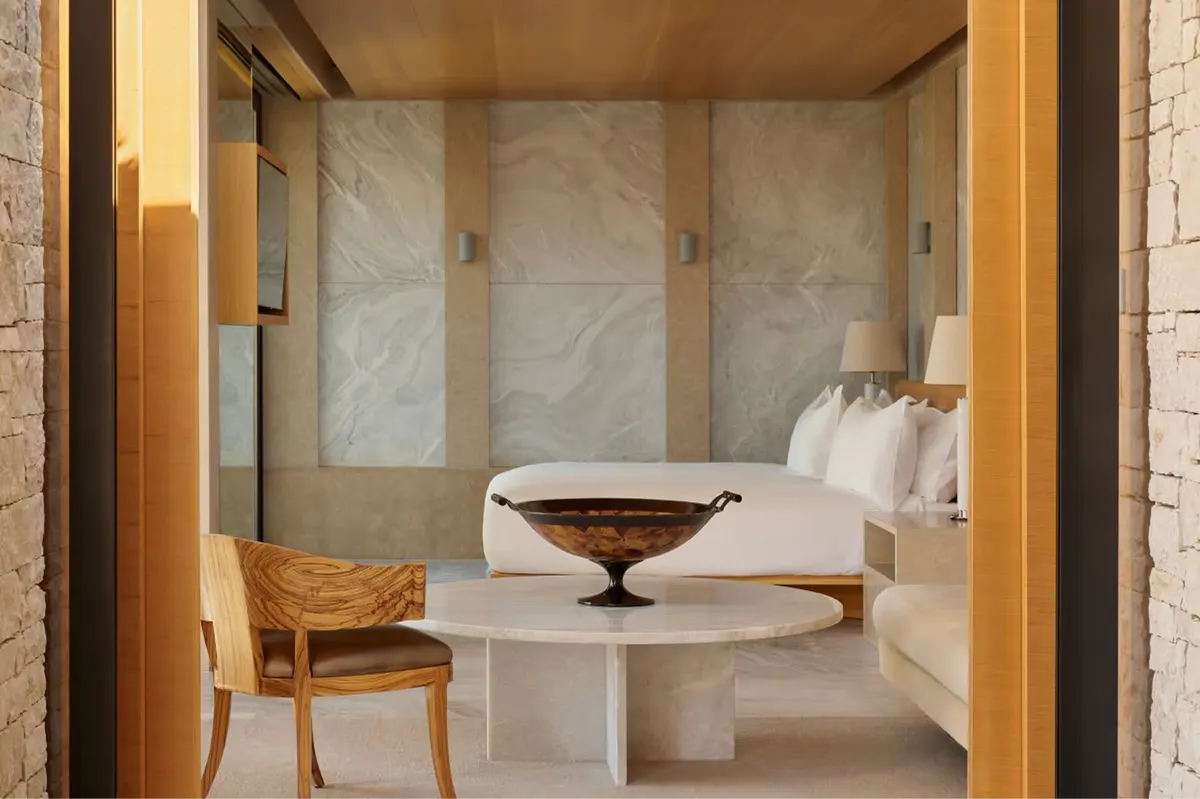 Sunlit interior with warm wood accents and pale stone features
