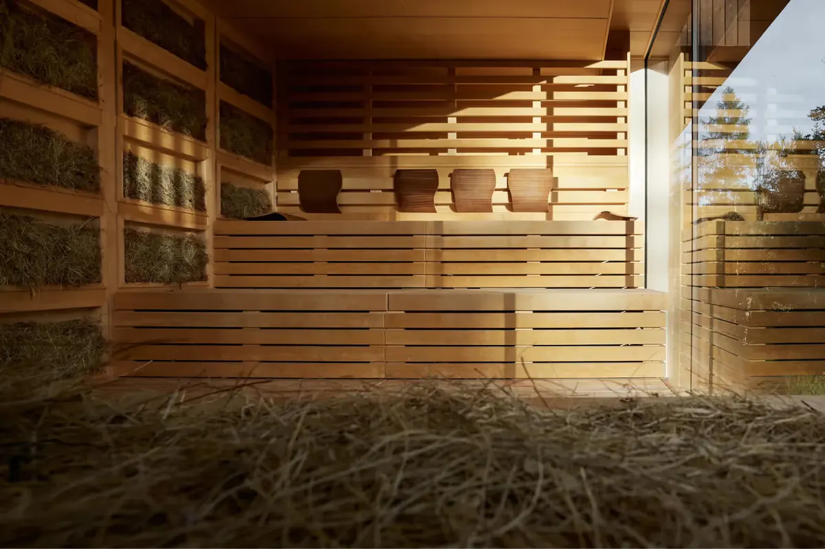 Sauna building in wood with slatted walls and open entrance lit by warm afternoon sun