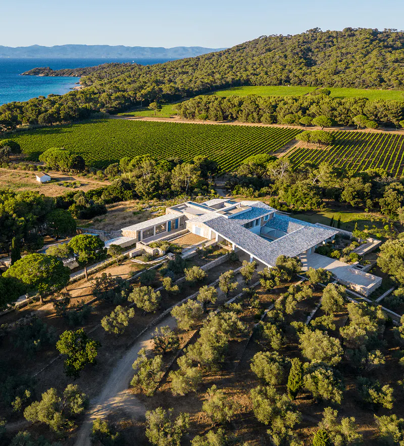 Aerial view of the Fondation Carmignac estate above the sea