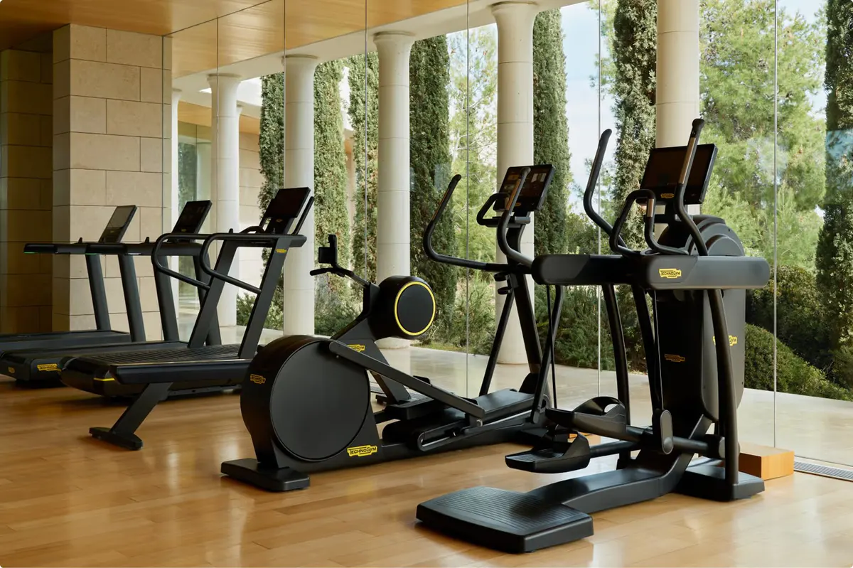 Fitness equipment and exercise bikes overlooking the sea