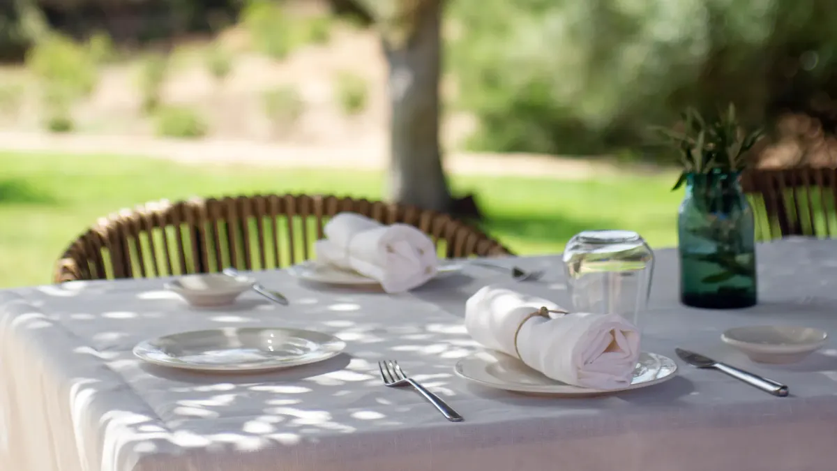 Outdoor place setting on stone terrace with natural light and olive tree shade overhead