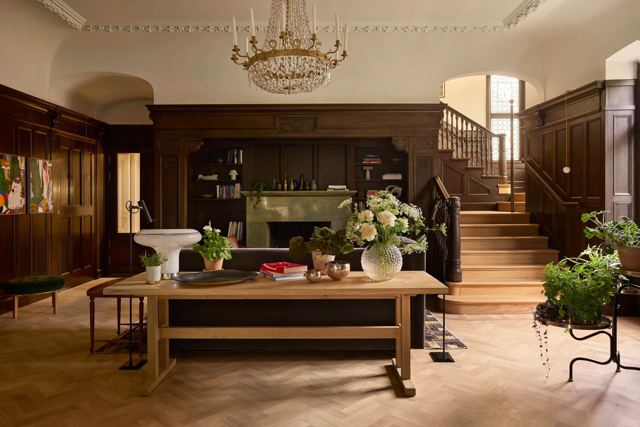 A panelled library room in a Stockholm townhouse