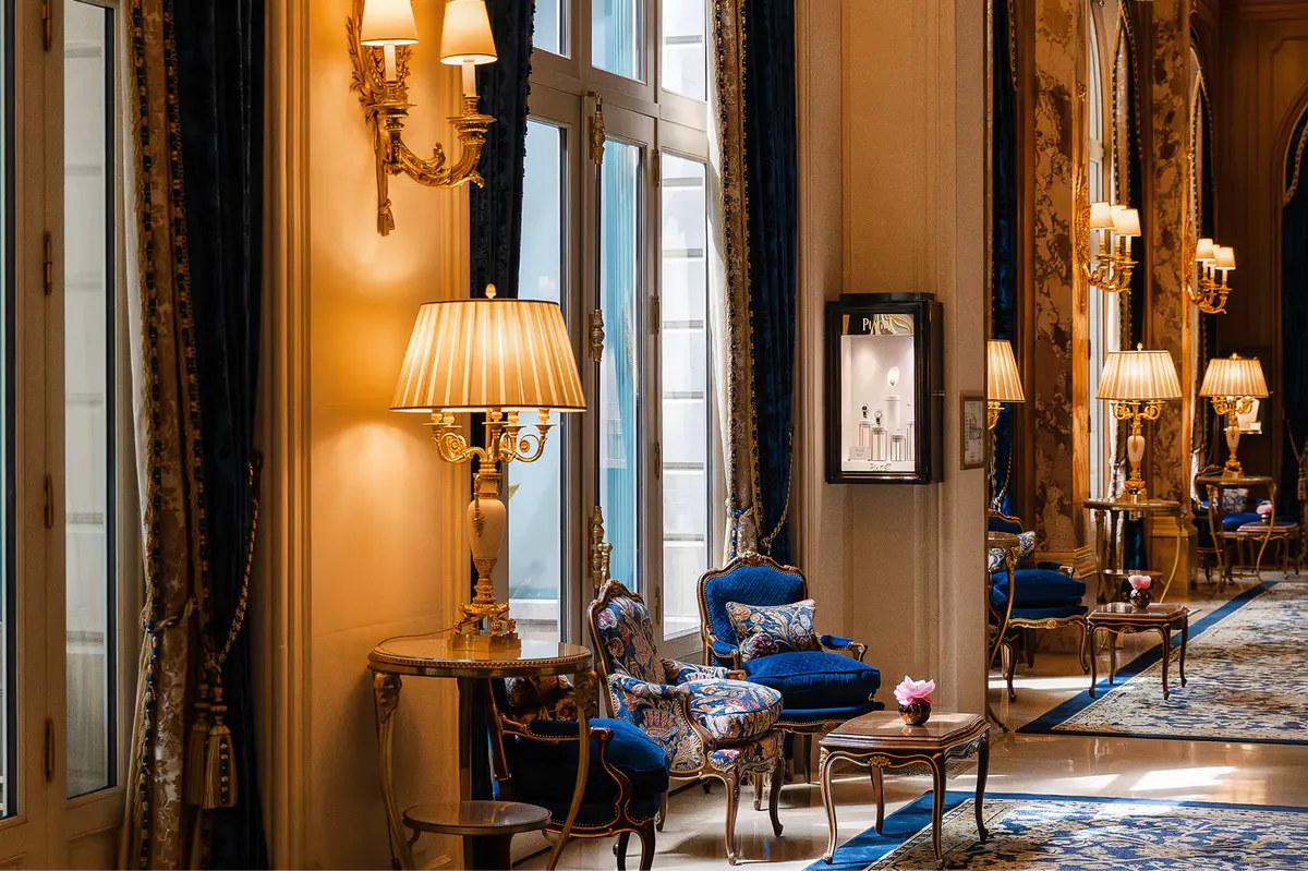 The Ritz Paris grand hallway with tall windows, gold sconces, and sapphire-blue seating