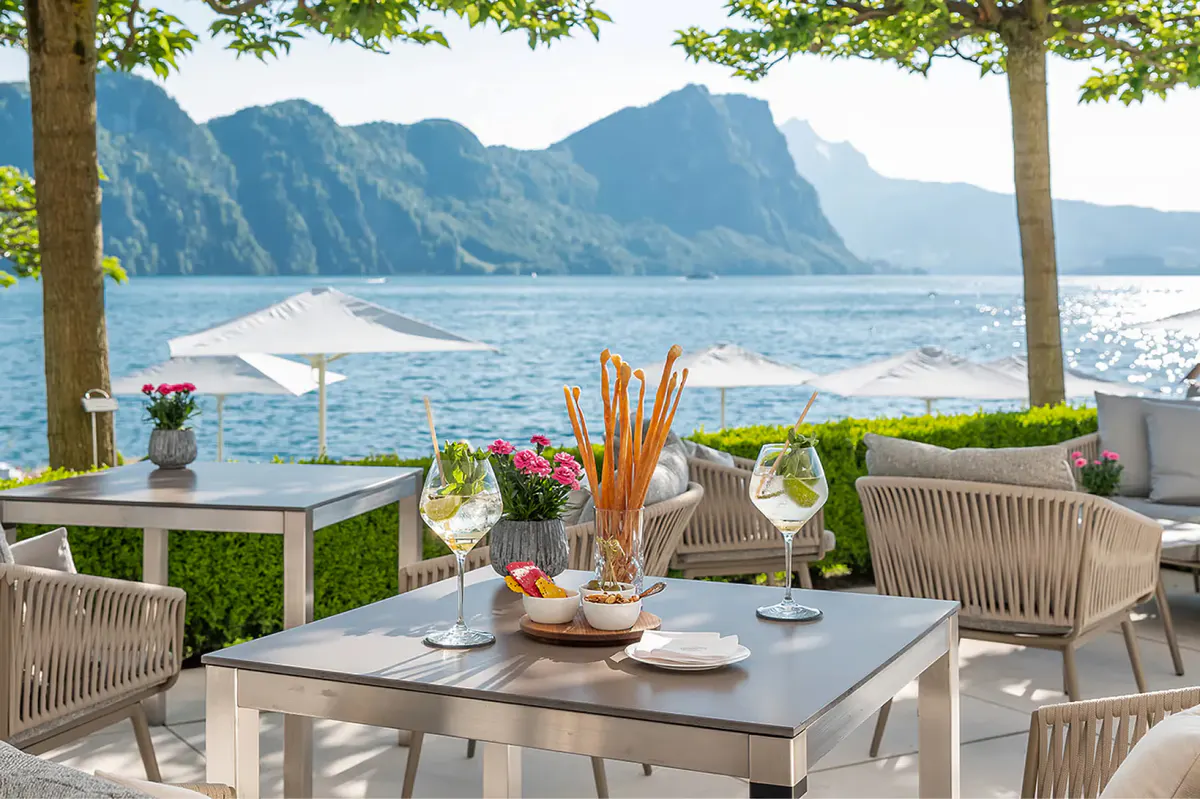 Outdoor terrace with mountain views, set tables framed by trees