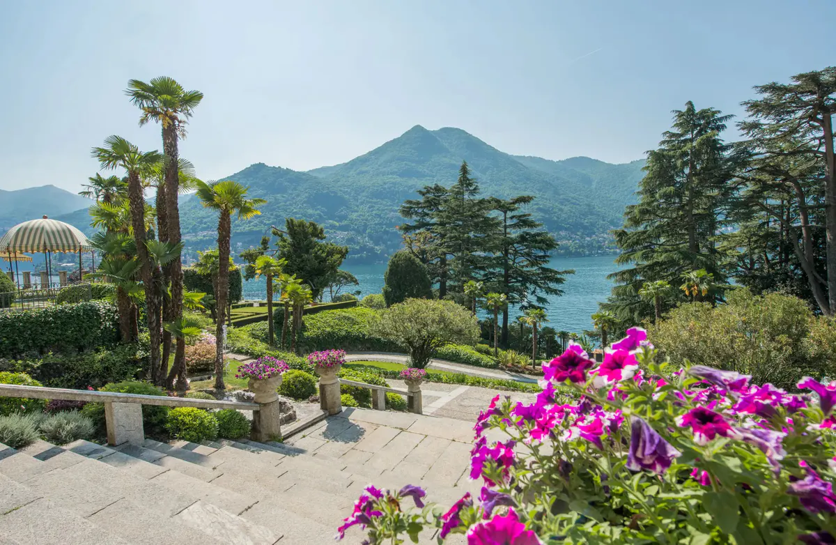 Terrace garden with magenta flowers, cypress, and lake mountains beyond