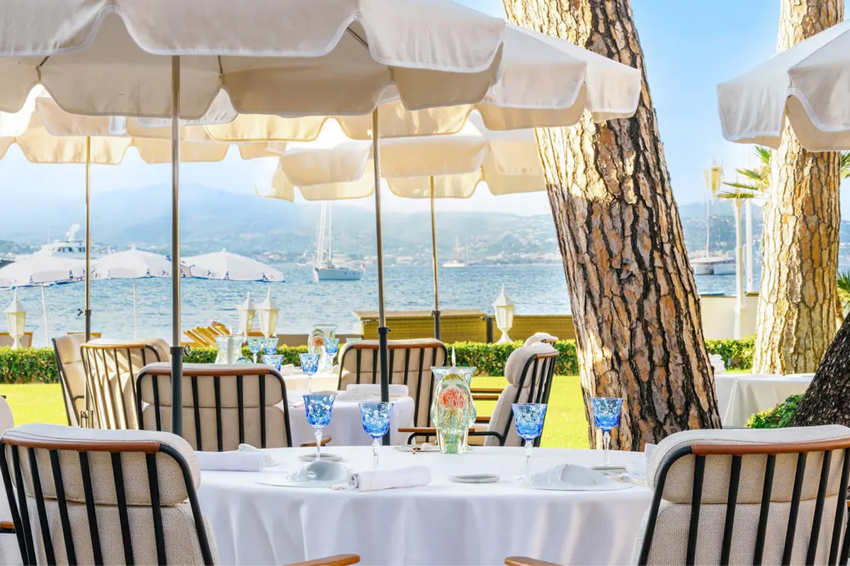 Shaded outdoor dining set under trees with water vista