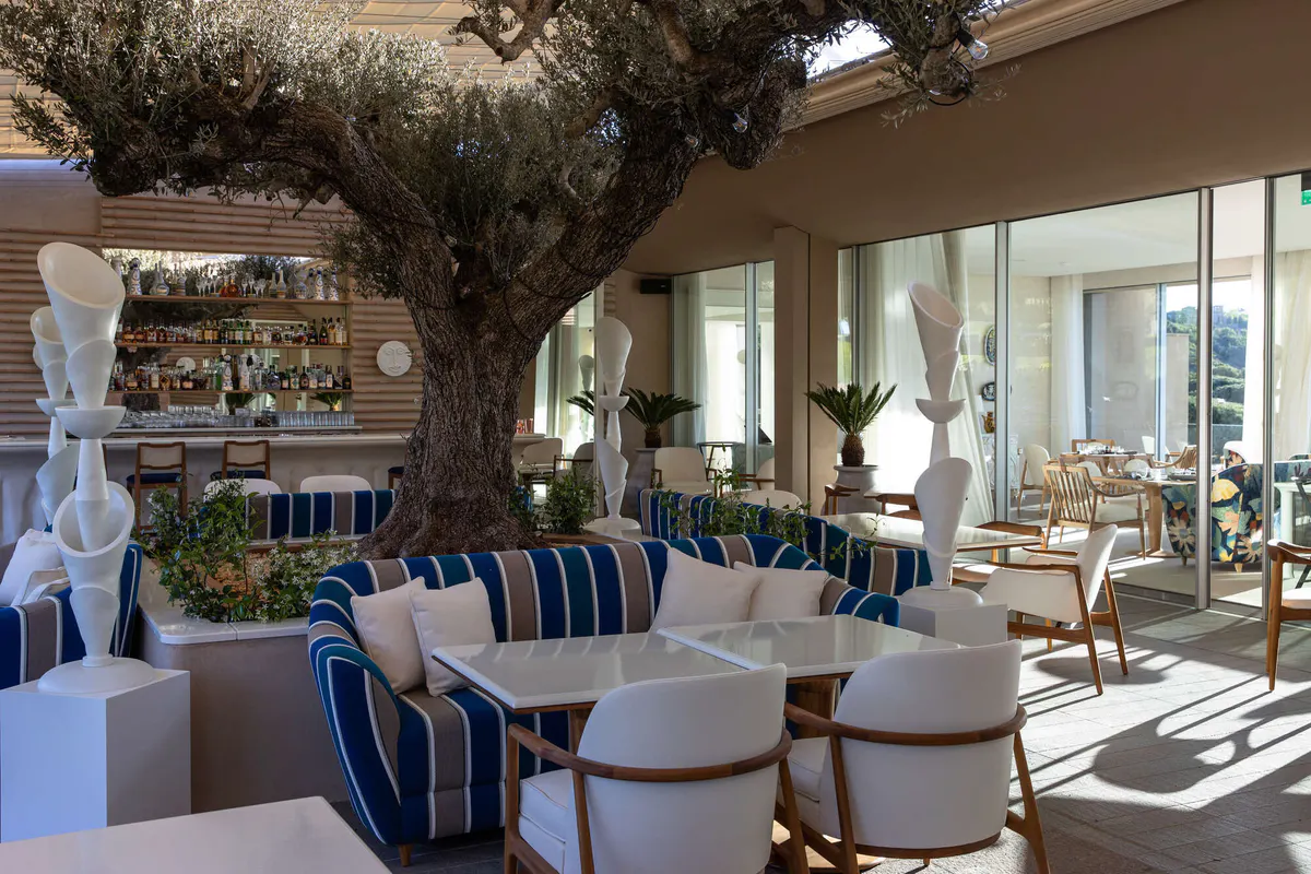 Dining room with ancient olive tree and blue-upholstered chairs