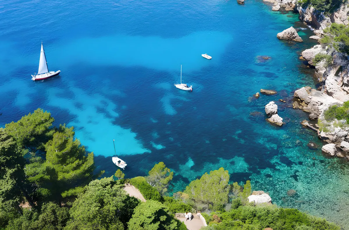 An aerial view of turquoise water and sailboats near rocky outcrops and green pine-covered shores