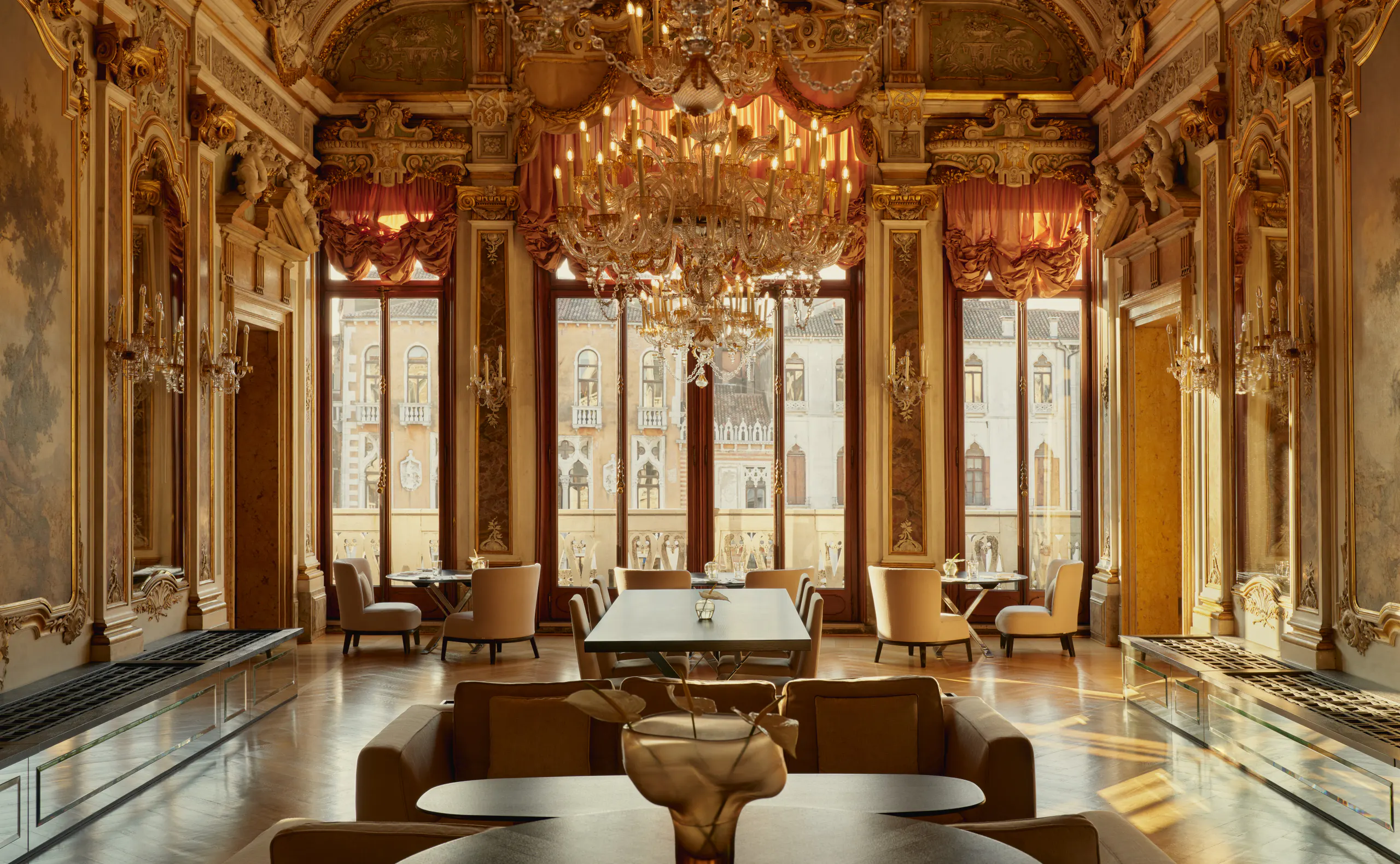 A gilded, frescoed salon in a Venetian palazzo